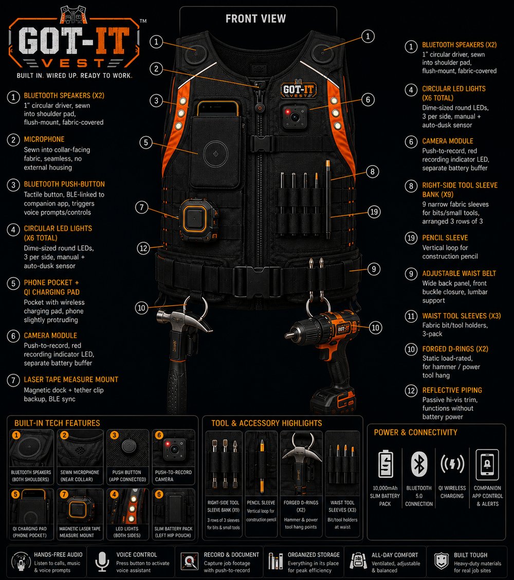 Got-it Vest front view showing tool sleeves and hardware